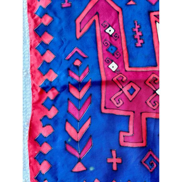 Vintage Silk Scarf Hand Painted Abstract Horse Blue Red 16" Geometric - Picture 6 of 8